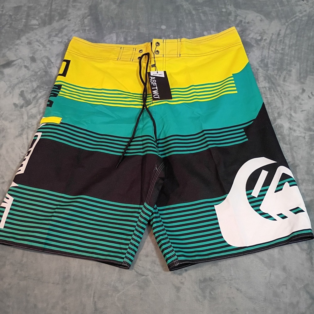 ASFTWO Mens Board Shorts Size 38 (XL) Yellow Teal Black Striped Swim Trunks New